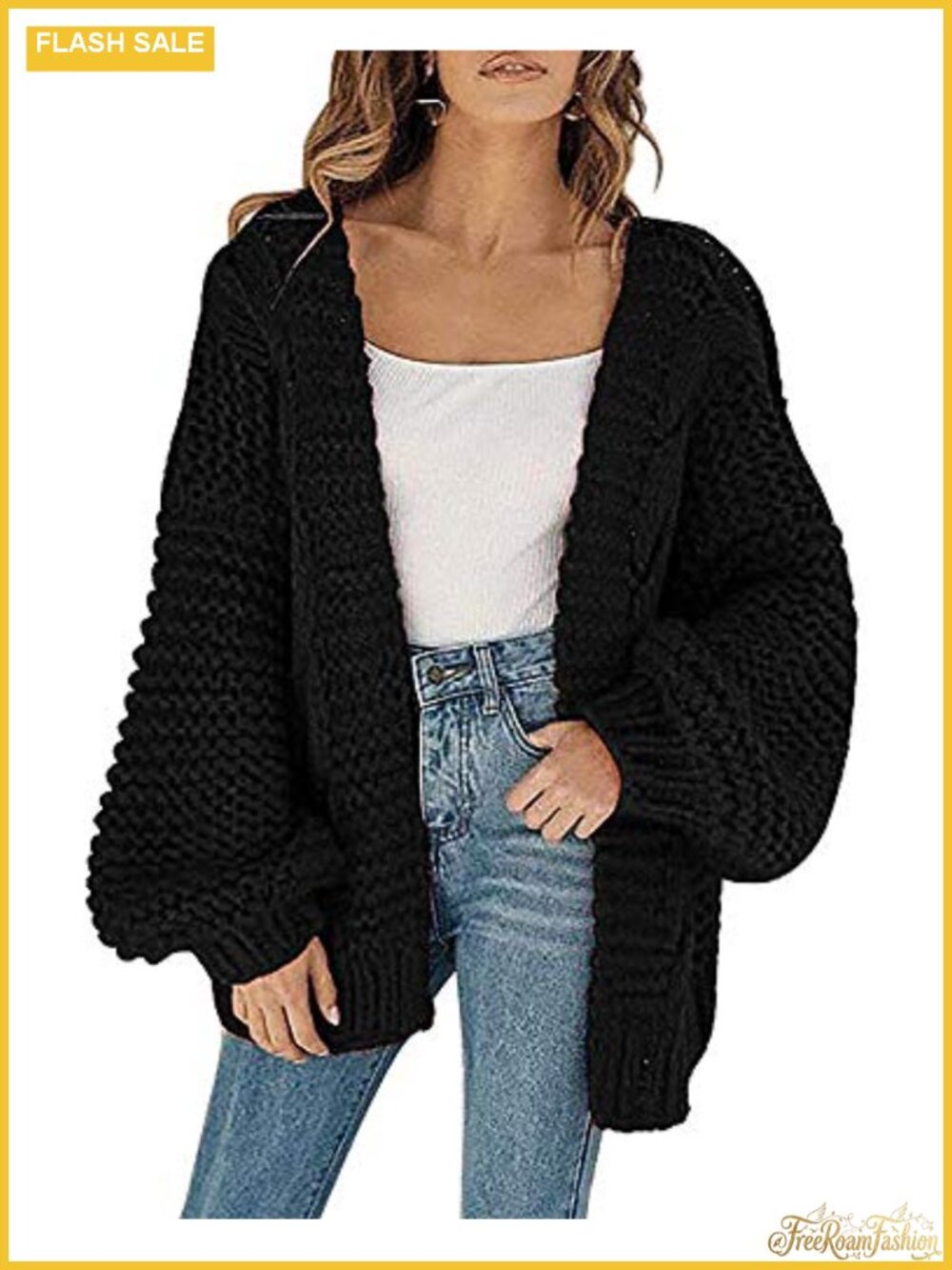 Open Front Chunky Knit Cardigan Loose Lantern Sleeve Oversized Sweater Coat
